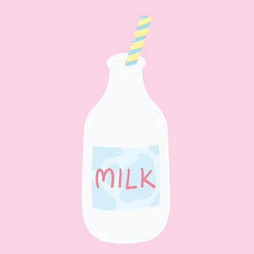 Cute pastel cute glass milk bottle with striped straw hand drawn icon for coquette cafe aesthetic graphic design