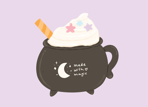 Cute pastel halloween witch cauldron mug with hot chocolate and whipped cream hand drawn icon for coquette autumn cafe aesthetic
