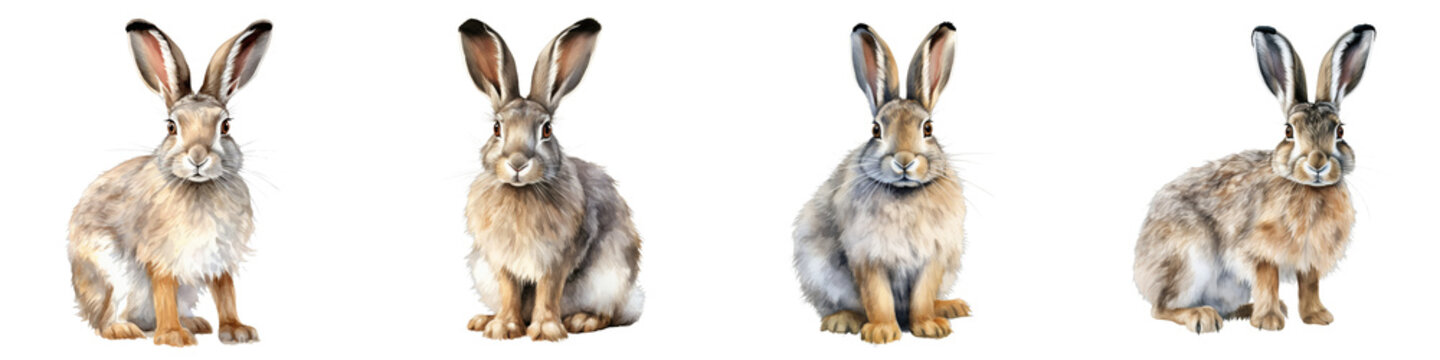 Watercolor painting of four hares sitting upright against a black backdrop