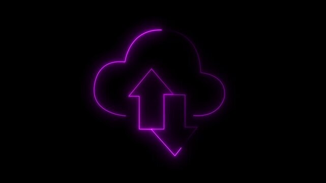 Neon purple cloud computing with upload and download arrows animation glowing data transfer