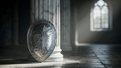 Fototapeta premium Ornate Shield Leaning Against Marble Column in Historic Setting