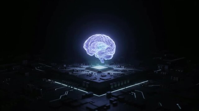 Glowing blue digital human brain model hovering over a computer chip on a dark circuit board, representing artificial intelligence and advanced technology video footage.
