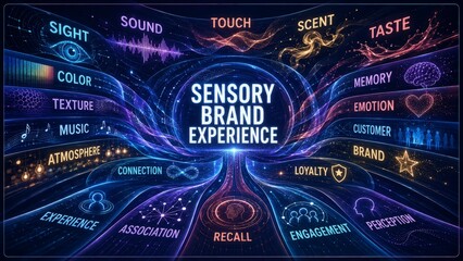 Naklejka premium Sensory Brand Experience in Multisensory Marketing, Customer Emotion and Brand Loyalty Infographic