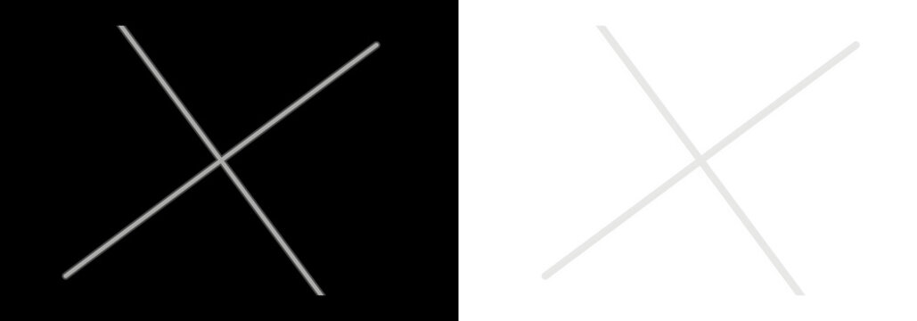 Simple x shape symbol formed by two crossing lines in both black and white color variations for modern graphic design and interface icons