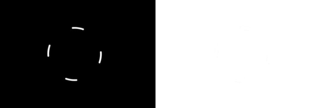 Simple circular dashed line icon with four segments arranged in a circle pattern on a high contrast black and white split design background