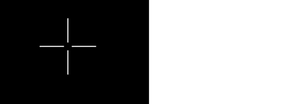 Simple crosshair aim target icon design with white lines on a bold black square shape for user interface gaming graphics and precision focus