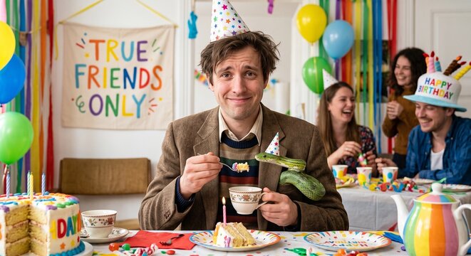 Awkward person sharing birthday cake and tea with a party-hat-wearing green snake nestled in their jacket featuring &ldquo;TRUE FRIENDS ONLY&rdquo; against a festive party background