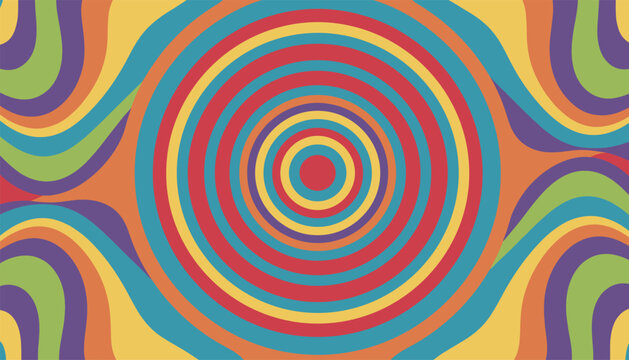 Psychedelic trippy background pattern featuring wavy multicolored lines and hypnotic concentric circle rings.