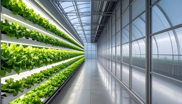 Modern indoor vertical farm with fresh green leafy vegetables.