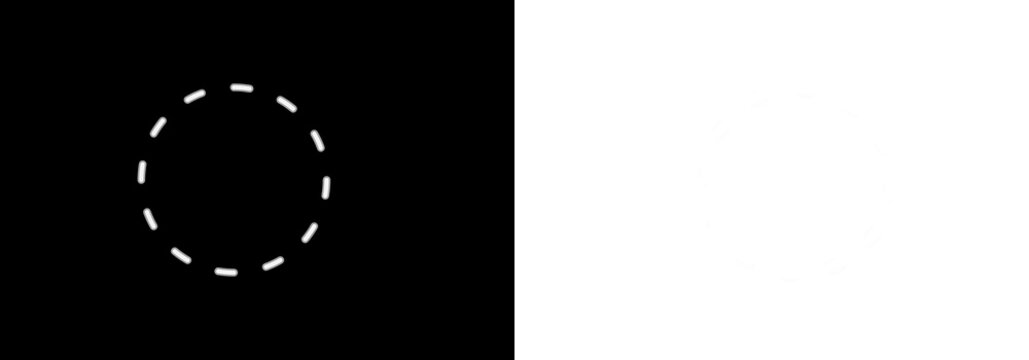 A simple dashed circle outline icon shown in both black and white colors for minimal graphic design projects and user interface elements