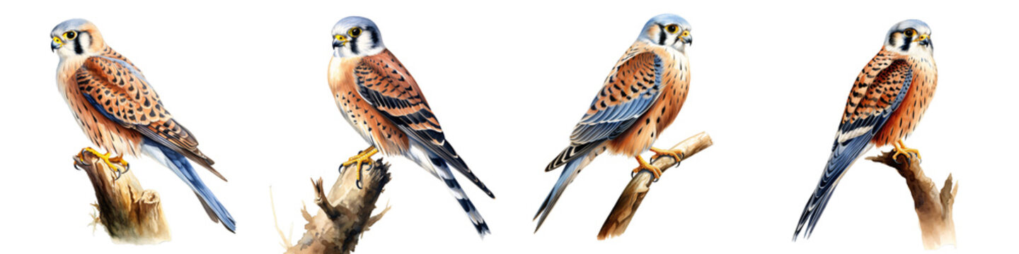 Four american kestrels perch on branches in a watercolor painting against a black background
