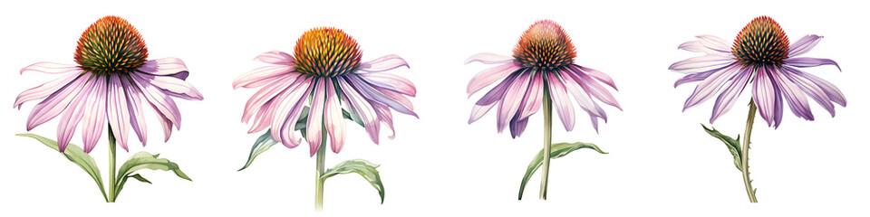 Obraz premium Four echinacea flowers in different stages of bloom on a black background