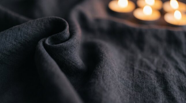 Folded dark charcoal linen fabric with candlelight background