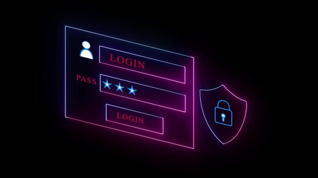 Neon cyber security login interface with shield and padlock animation for digital data protection and user authentication concept
