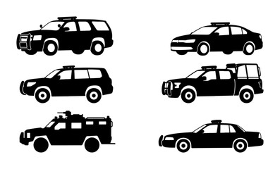 Police Vehicle Icons, Law Enforcement Cars, Patrol SUVs, Security Fleet Graphics, Emergency Transport Silhouettes © Nidhi