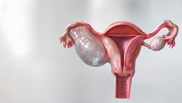 Hydrosalpinx fallopian tube medical website banner with realistic female reproductive anatomy, fluid-filled tubal dilation, clean clinical 3D illustration and copy space for healthcare education