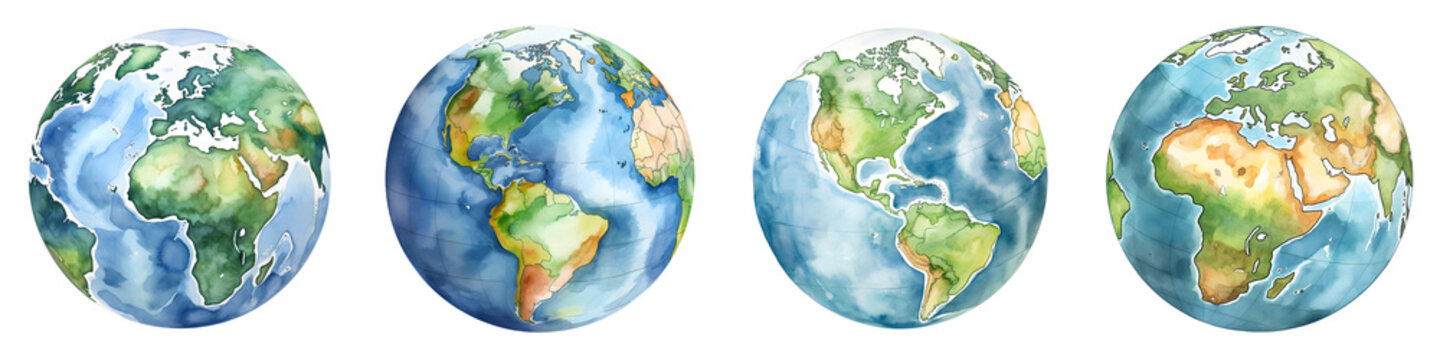 Collection of watercolor earth globes showing different continents on a black background