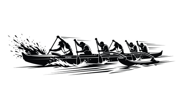 Outrigger Canoe Team Paddling in Water Silhouette Vector Illustration 