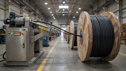 Fototapeta premium Industrial Cable Production in Warehouse Setting with Machinery