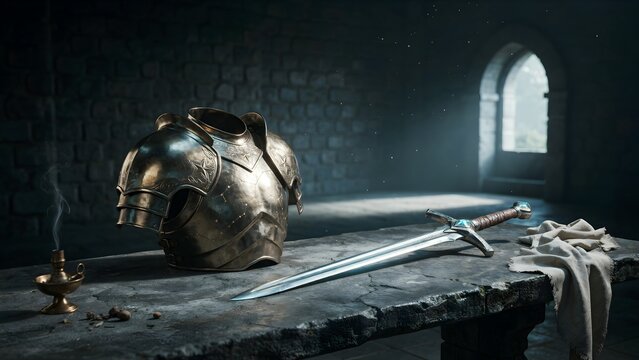 Antique Armor with Sword and Lamp in Dimly Lit Castle Interior