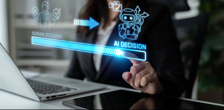 Business Professional Evaluating AI Decision-Making Process with Interactive Visuals in Modern Office Environment. Liminal.