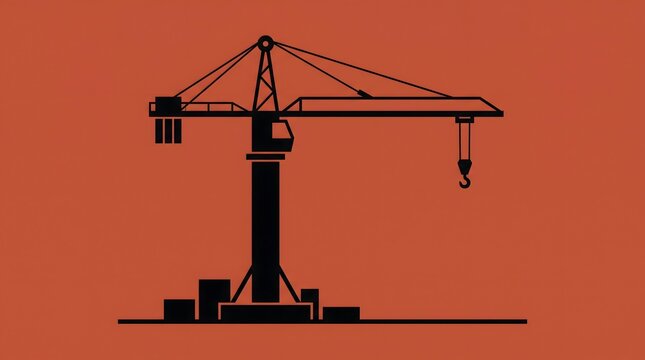 Construction Tower Crane Silhouette on Orange Background Representing Building Industry, Engineering, Infrastructure and Urban Development