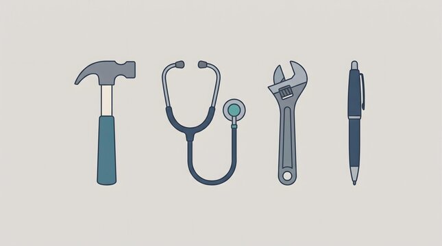 Worker and Professional Tools Arranged as Labor Concept with Hammer, Stethoscope, Wrench and Pen on Minimal Background