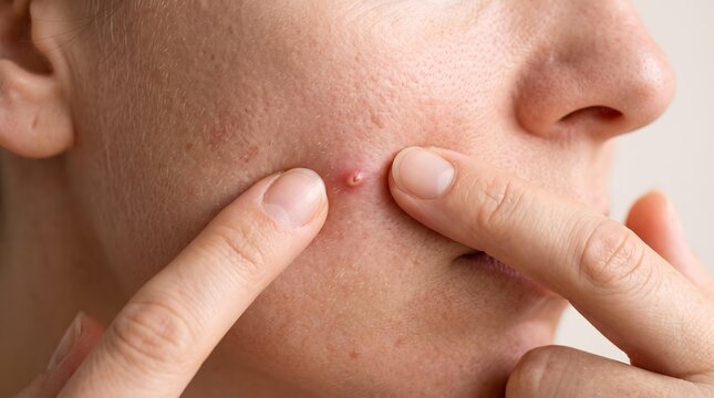 Close-Up of Person Pressing Facial Pimple on Cheek Showing Acne, Skin Texture, Pores and Dermatological Blemish