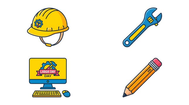Colorful Labor Day Icon Set with Construction Helmet, Wrench, Computer and Pencil Representing American Workers and Professions