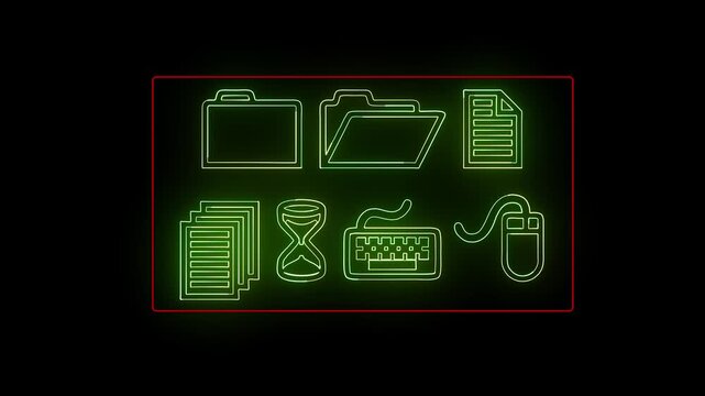 Neon office animation: digital folders, documents, and computer peripherals glowing business technology