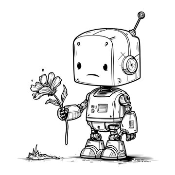 A Sad Robot Offering a Flower in a Simple, Hand-Drawn Style