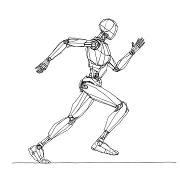 Line Art Illustration of a Humanoid Robot Running with Wireframe Anatomy for Advanced Robotics and Artificial Intelligence Technology Concepts