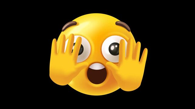 Animated yellow face covering and revealing its eyes with hands, showing a shy, surprised or hiding reaction, isolated with alpha channel