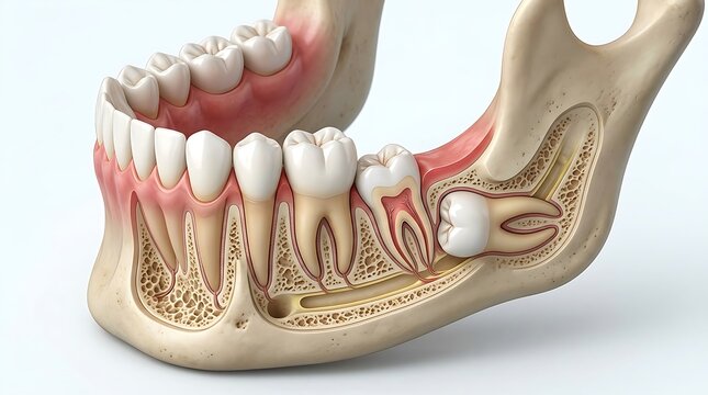 Human mandible cross section with teeth and impacted wisdom tooth