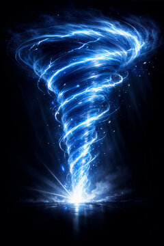 Abstract digital illustration of a glowing blue energy vortex spinning in a dark void with particles and light streaks creating a powerful magical effect