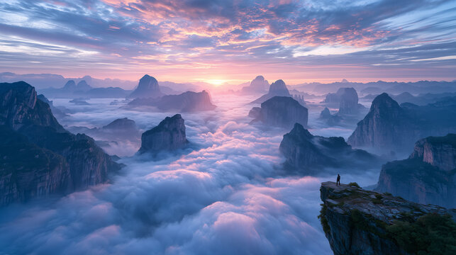 a lone explorer standing on the edge of a colossal canyon cliff, overlooking an endless abyss surrounded by gigantic mountains and layered rock formations.