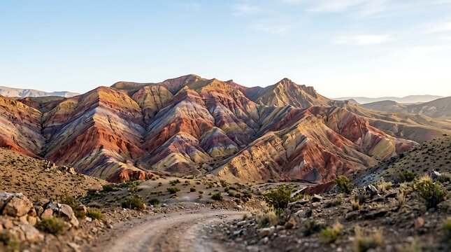 Colorful rainbow mountains with mineral layers under a clear sky