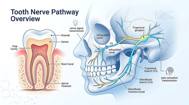 Anatomical diagram showing human tooth structure and nerve pathways