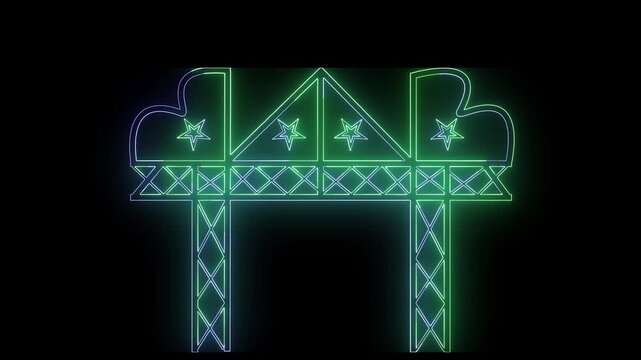 Neon circus entrance sign glowing with stars and vibrant colors on black background, carnival