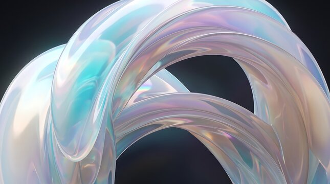 Abstract iridescent opal liquid waves flowing on dark background