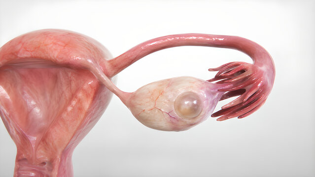 Ovarian cyst in human ovary, photorealistic medical 3D render showing preserved female reproductive anatomy and clear cystic lesion for healthcare, medical education, radiology, and patient education