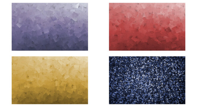 Set of four colorful abstract grainy texture backgrounds with soft gradient light effect in purple red gold and blue