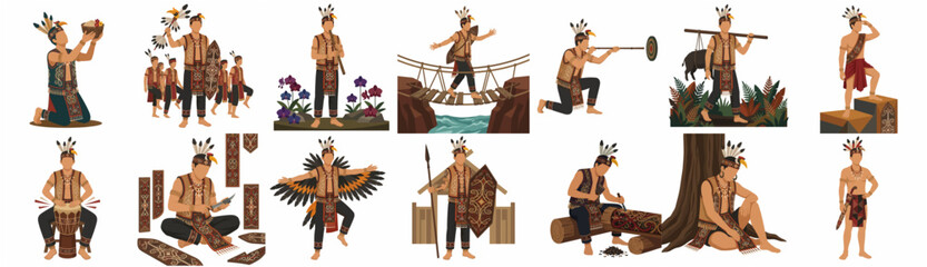 Naklejka premium Dayak people collection flat vector illustration, indigenous Borneo tribe characters performing traditional activities, rituals, and music in Kalimantan heritage style.