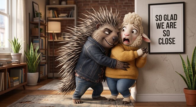 Stylish anthropomorphic porcupine tightly hugging a shocked fluffy sheep featuring &ldquo;SO GLAD WE ARE SO CLOSE&rdquo; against a minimalist interior background