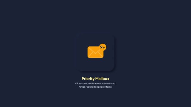 Priority mailbox unread message alert. Dark mode app. Email inbox counter popup. VIP communication update notice. Orange icon dark background. Envelope badge dialog box. Business email interface. 4K