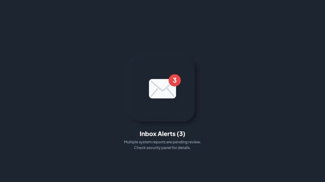 Inbox alerts notification popup. Dark mode app. System report message notice. Unread email inbox update. Dark background white envelope. Badge counter dialog box. Security panel interface. 4K