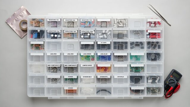Organized Electronics Components in Transparent Storage Box