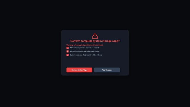 Confirm Complete System Storage Wipe Popup Dark Mode UI Design Animation Graphic