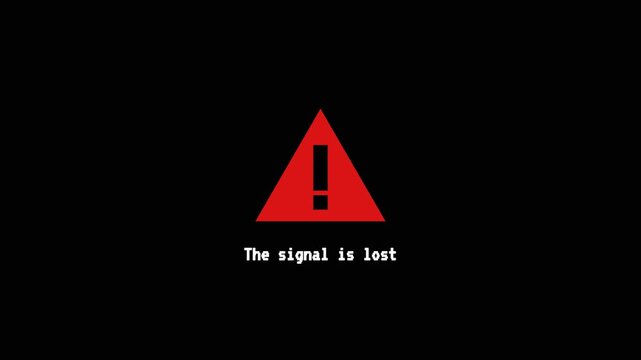 Signal lost warning alert with red glitch icon and disconnected network animation, communication failure cybersecurity system error concept loop
