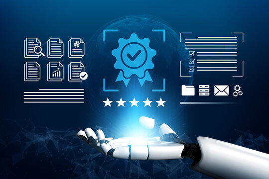 A futuristic robot hand showcases a digital certification concept with graphs and documents, representing innovation and efficiency in data management and technology applications. Cyphers
